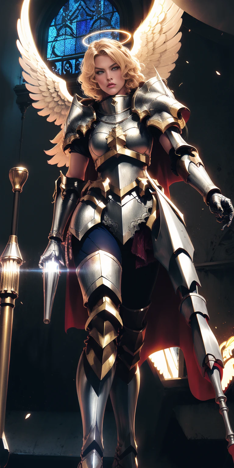 low angle, from below, paladin templar lady in white tabard, legwear, glowing yellow eyes, collar, golden chainmail, wide hips, barefoot, angel wings, pauldrons, halo, bob cut, blonde, eye focus, red cape, temple indoors, decorations, stained glass windows, night, particles, chromatic aberration, detailed, cinematic, dark scene, fantasy