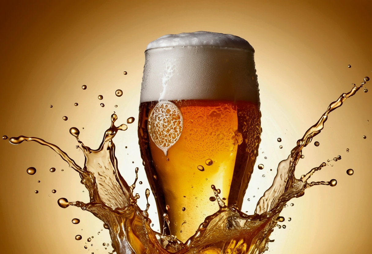 a picture of a beer, beer splashing in the elegant cream color background like in a commercial, everything in focus
