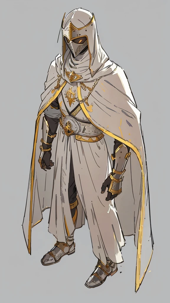 Templar warrior in armor, wearing armor and a white skirt, he also wears a cloak with gold borders, the leper king balduin iv