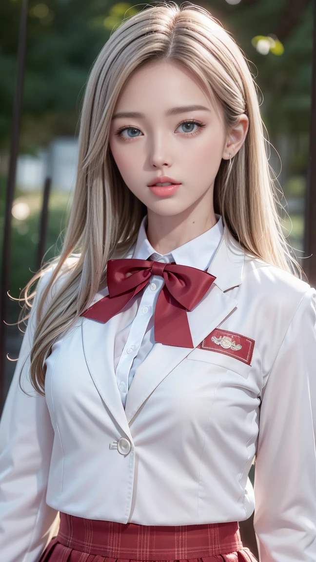 The highest quality of work,actual work,Ultra-premium graphics,8K HD CG 작동,High-quality graphics,고화질 CG Work,10x Pixel,very fine details:1.1,Advanced technical details:1.1 realistic,(階段に足を組んで座っているgirl)natural light:1.5. lighting effects(virtual lighting effects:1.8),濡れた長いsilver hair,silver hair,transparent hair,Hair that pays attention to detail(Premium hair details:1.1)clear eyes,Your double eyelids are pretty,Sharp eye makeup, Delicate eyelash makeup, thin eyebrows, very detailed eyes,high nose, I like red lips, rose cheek, A face with delicate makeup , Cute face, perfectly balanced face,(Advanced facial details:1.1),shining,very coolドレス,bright red series,((front open wet white blazer)) 、(Translucent wet white blouse)、(red bowtie)、(wet check skirt)、、girl 、Photo shoot,female'Work,full body portrait,realism,very cool,My eyes are sparkling again today、(8. she'It's wet)),(sudden rain、wind),(windでスカートが舞い上がる),(I can see your pants)、