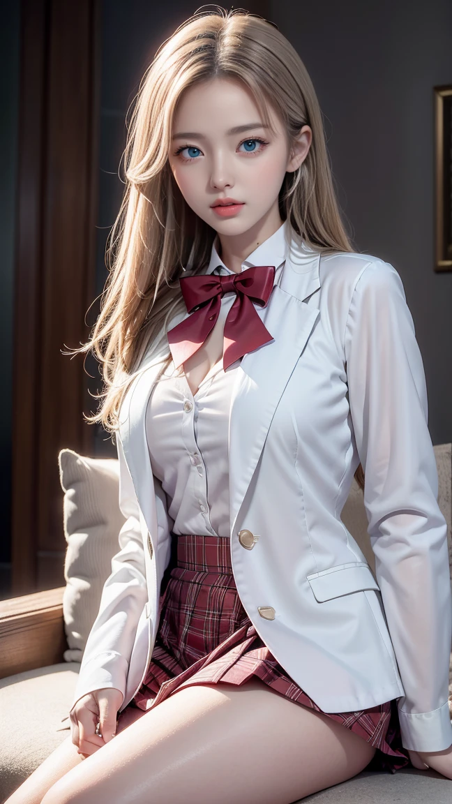 The highest quality of work,actual work,Ultra-premium graphics,8K HD CG 작동,High-quality graphics,고화질 CG Work,10x Pixel,very fine details:1.1,Advanced technical details:1.1 realistic,(階段に足を組んで座っているgirl)natural light:1.5. lighting effects(virtual lighting effects:1.8),濡れた長いsilver hair,silver hair,transparent hair,Hair that pays attention to detail(Premium hair details:1.1)clear eyes,Your double eyelids are pretty,Sharp eye makeup, Delicate eyelash makeup, thin eyebrows, very detailed eyes,high nose, I like red lips, rose cheek, A face with delicate makeup , Cute face, perfectly balanced face,(Advanced facial details:1.1),shining,very coolドレス,bright red series,((front open wet white blazer)) 、(Translucent wet white blouse)、(red bowtie)、(wet check skirt)、、girl 、Photo shoot,female'Work,full body portrait,realism,very cool,My eyes are sparkling again today、(8. she'It's wet)),(sudden rain、wind),(windでスカートが舞い上がる),(I can see your pants)、
