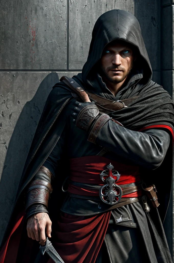 (The ultra-realistice,detail-rich),assassins creed,snowy day, black cloak,Full face mask,Expose your eyes,Red and blue eyes,hidden blade,Black and red magic elements are everywhere,Cross your arms,Reclining against the wall