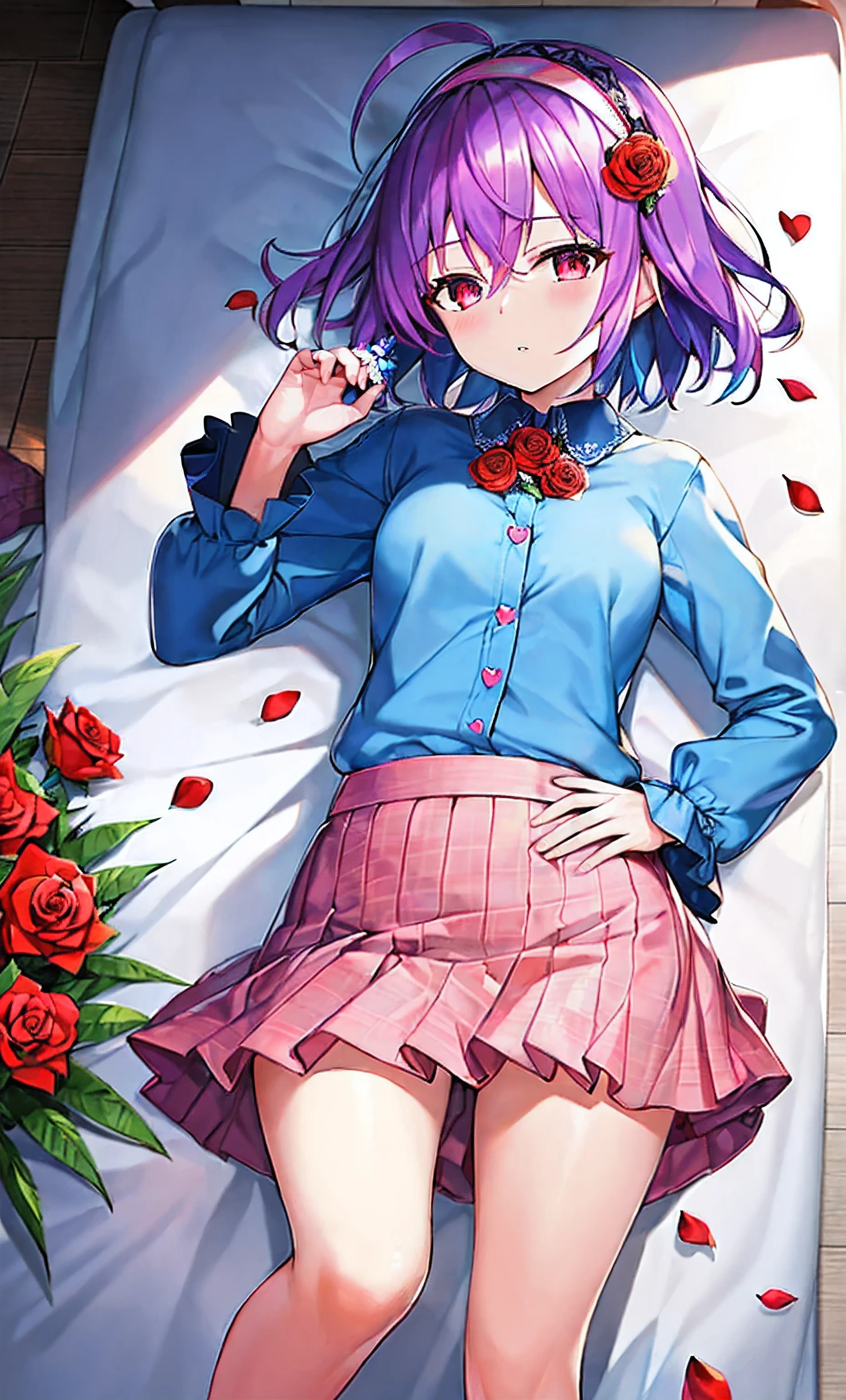 ((colored inner hair:blue)), (extremely detailed cg unity 8k wallpaper), (masterpiece), (best quality), (ultra-detailed), (best illustration), (best shadow), (an extremely delicate and beautiful), (high quality, highres, highest picture quality), (master's work), ((best quality)). ((Masterpiece)). ((ultra-detailed)). (illustration). (detailed light). (Beautifully detailed eyes)*Resolution*Sharpen HDR Colorful*Illustration*8K*Wallpaper*Detailed 8K CG Wallpaper*Full Body*Ray Tracing, 1girl, solo, rose, flower, skirt, shirt, pink skirt, blue flower, ((blue shirt)), heart, short hair, hairband, long sleeves, frills, black hairband, wide sleeves, blue rose, looking at viewer, lying, pink flower, on back, purple flower, red eyes, pink rose, buttons, blouse, ahoge, purple rose, ((purple hair)), thorns, frilled shirt collar, pink eyes, bangs, parted lips, frilled sleeves, hair ornament, eyeball, hair between eyes, feet out of frame, red flower, on bed, bedroom white bed, white linen, cowboy shot, short skirt, untucked shirt, hand on own hip, groin, half-closed eyes, cowboy shot, 