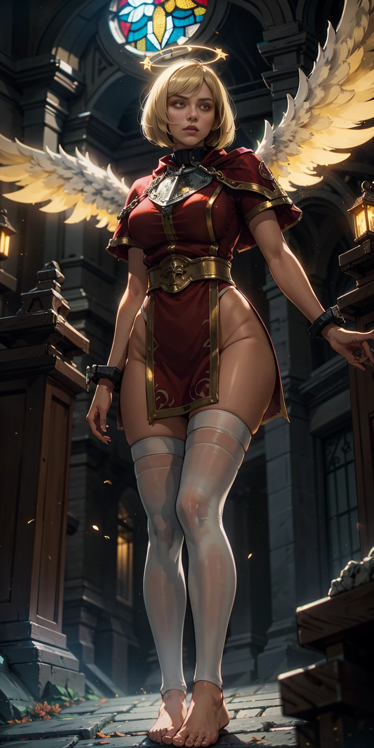 low angle, from below, paladin templar lady in white tabard, legwear, glowing yellow eyes, collar, golden chainmail, wide hips, barefoot, angel wings, pauldrons, halo, bob cut, blonde, eye focus, red cape, temple indoors, decorations, stained glass windows, night, particles, chromatic aberration, detailed, cinematic, dark scene, fantasy