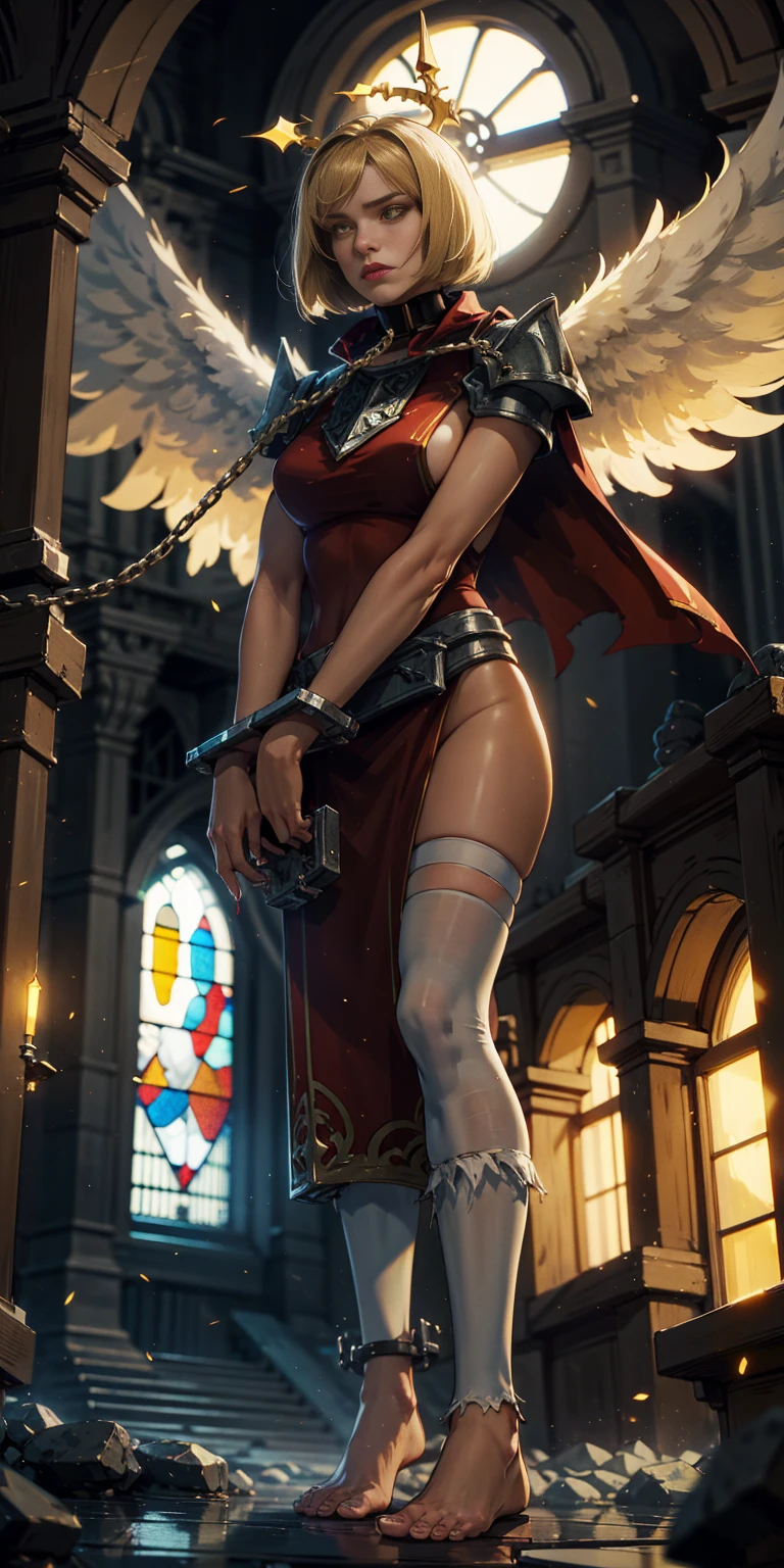 low angle, from below, paladin templar lady in white tabard, legwear, glowing yellow eyes, collar, golden chainmail, wide hips, barefoot, angel wings, pauldrons, halo, bob cut, blonde, eye focus, red cape, temple indoors, decorations, stained glass windows, night, particles, chromatic aberration, detailed, cinematic, dark scene, fantasy