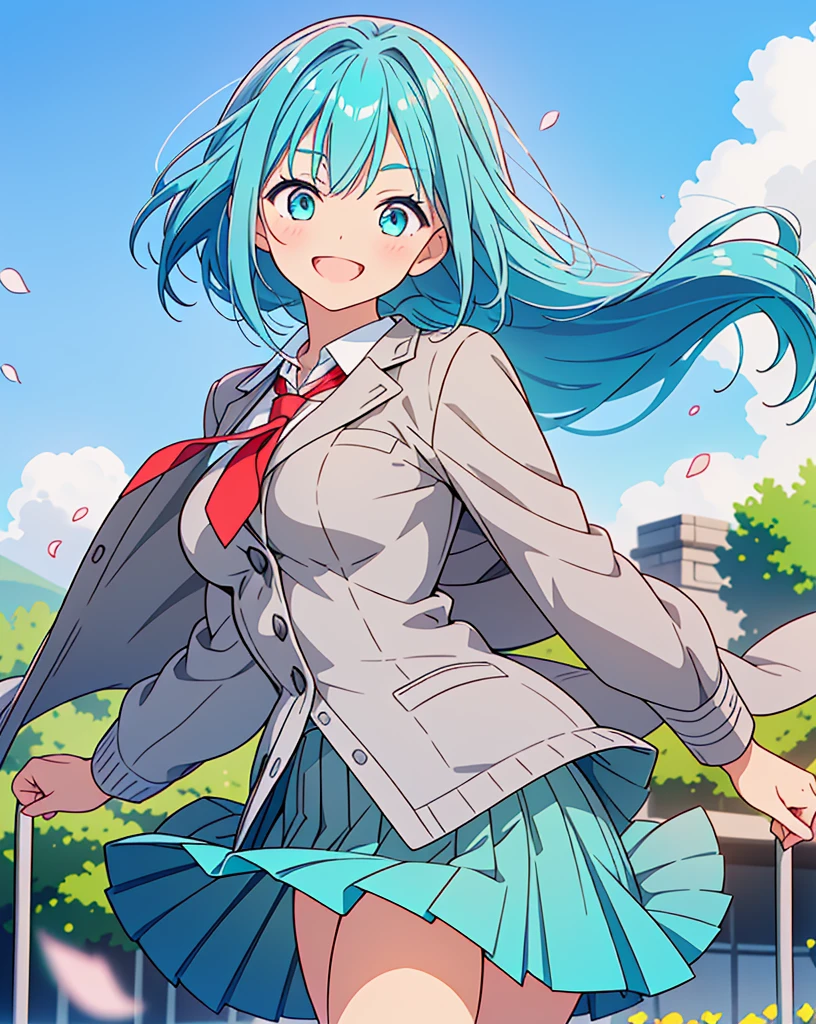 (Highest quality, 32K, High resolution, Masterpiece:1.5, ), One Girl, Cute anime-style illustrations, god々It has a brilliant and healing power., , Expressing emotions, Have a rich imagination, Cute Japanese Girls, Perfect Human Anatomy, Big light blue eyes, Motherhood and generosity, Deep Love, ((A kind smile:1.6)), ((Shiny turquoise hair:1.2)), Ponytail swaying in the wind, Asymmetrical bangs, Hair between the eyes, Transparent, soft white skin, Sharp eyebrows, Thin lashes, Natural Makeup, Cheek highlighter, Detailed and cute lips, (Grey blazer:1.2), (Red tie:1.2), ((Grey pleated skirt:1.2)), Slim figure with ample breasts, Beautifully detailed skies, ((Vibrant petal effect:1.2)), god秘的