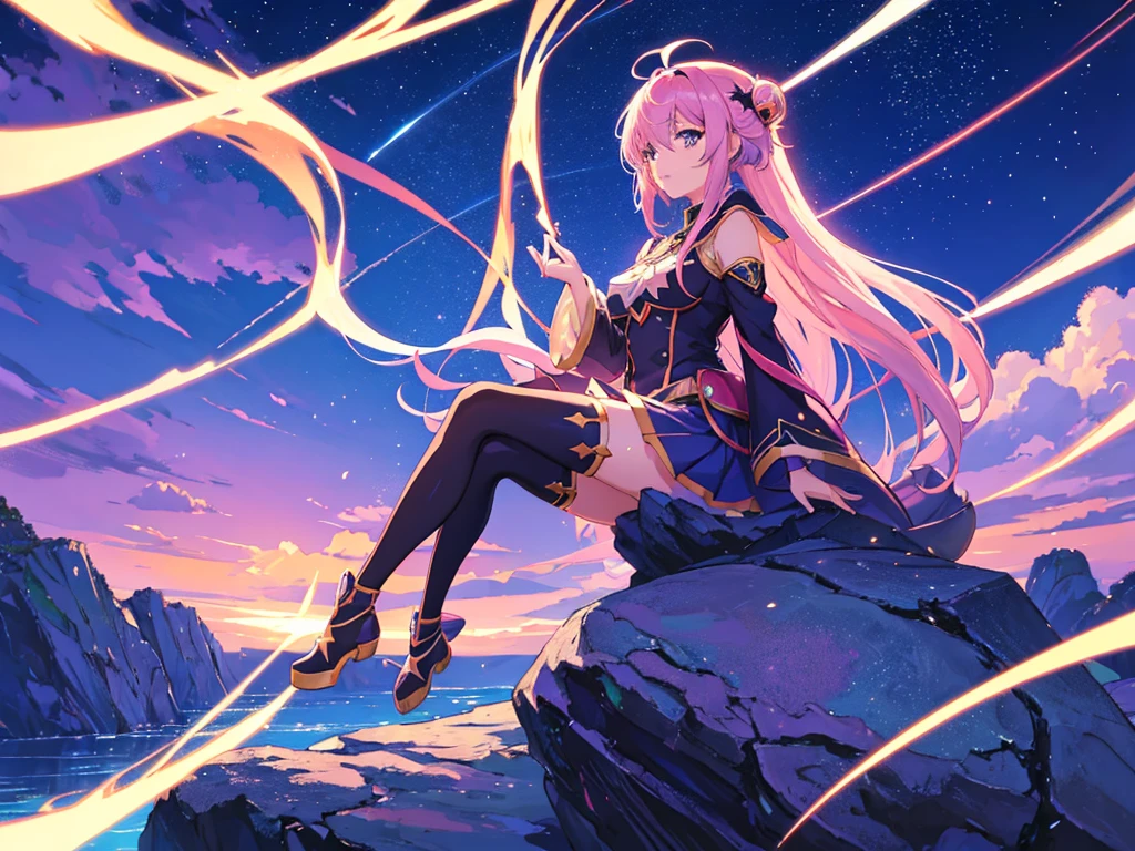 Anime girl sitting on a rock with stars behind her, Anime Style 4 K, Anime art wallpaper 8 k, anime art wallpaper 4k, Anime art wallpaper 4 k, anime moe art style, anime girl with cosmic hair, Beautiful anime art style, High quality anime art style, Nightcore, Anime pictures of cute girls, manga wallpaper 4 k