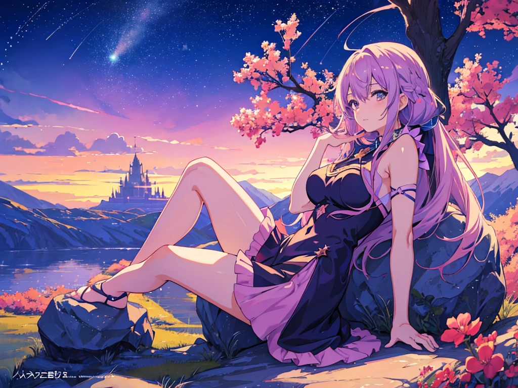Anime girl sitting on a rock with stars behind her, Anime Style 4 K, Anime art wallpaper 8 k, anime art wallpaper 4k, Anime art wallpaper 4 k, anime moe art style, anime girl with cosmic hair, Beautiful anime art style, High quality anime art style, Nightcore, Anime pictures of cute girls, manga wallpaper 4 k