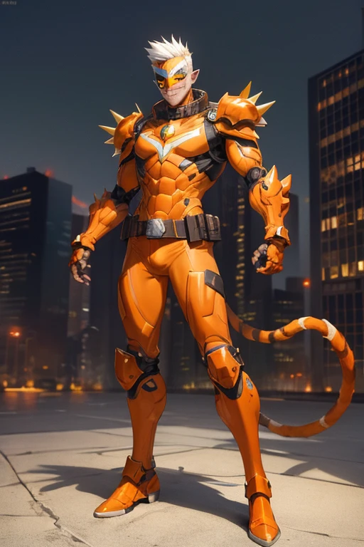 ((best quality)), ((masterpiece)), (detailed), 1 man, full body, 54 years old, senior citizen, masked, eye mask, orange mask that covers half of his face, spiked mask, evil smile, metal goblin ears, gremlin, yellow cat eyes, white hair sticking out of the top, mohawk, brown collar, tall, very thin, hunched over, long metal claws, spikes on his forearms, brown details, brown fingerless gloves, orange wristbands, orange nanotech suit, light armor, orange chest with an emblem, high shoulder pads, orange suit with brown stripes, brown tiger stripes, triangle emblem on his chest, orange emblem, orange pants, orange knee pads, metallic orange boots, metallic orange shoes, brown superhero belt, standing on a building, city background, anime