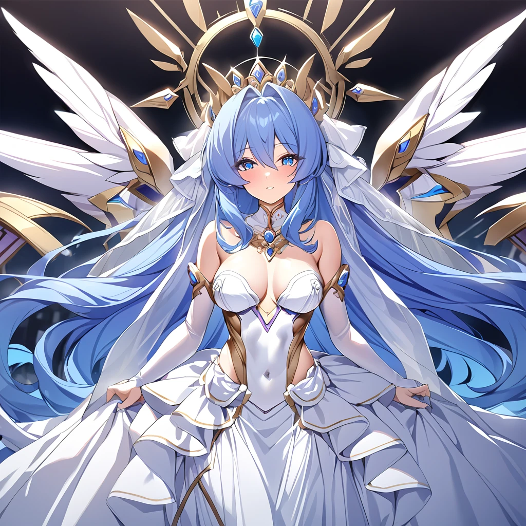 ((Highest quality)), ((masterpiece)), (detailed), (Perfect Face)、Women are messengers of God and great angels.6Archangel and goddess Extia with wings and a shining halo above her head.、The woman is the beautiful Queen of the Gods, Goddess Extia, with medium-long blue hair. She is wearing a gorgeous white wedding dress with gold embroidery and trim, a white wedding veil, an engagement ring, and gorgeous accessories. She is an elegant goddess and a beautiful queen of the gods.