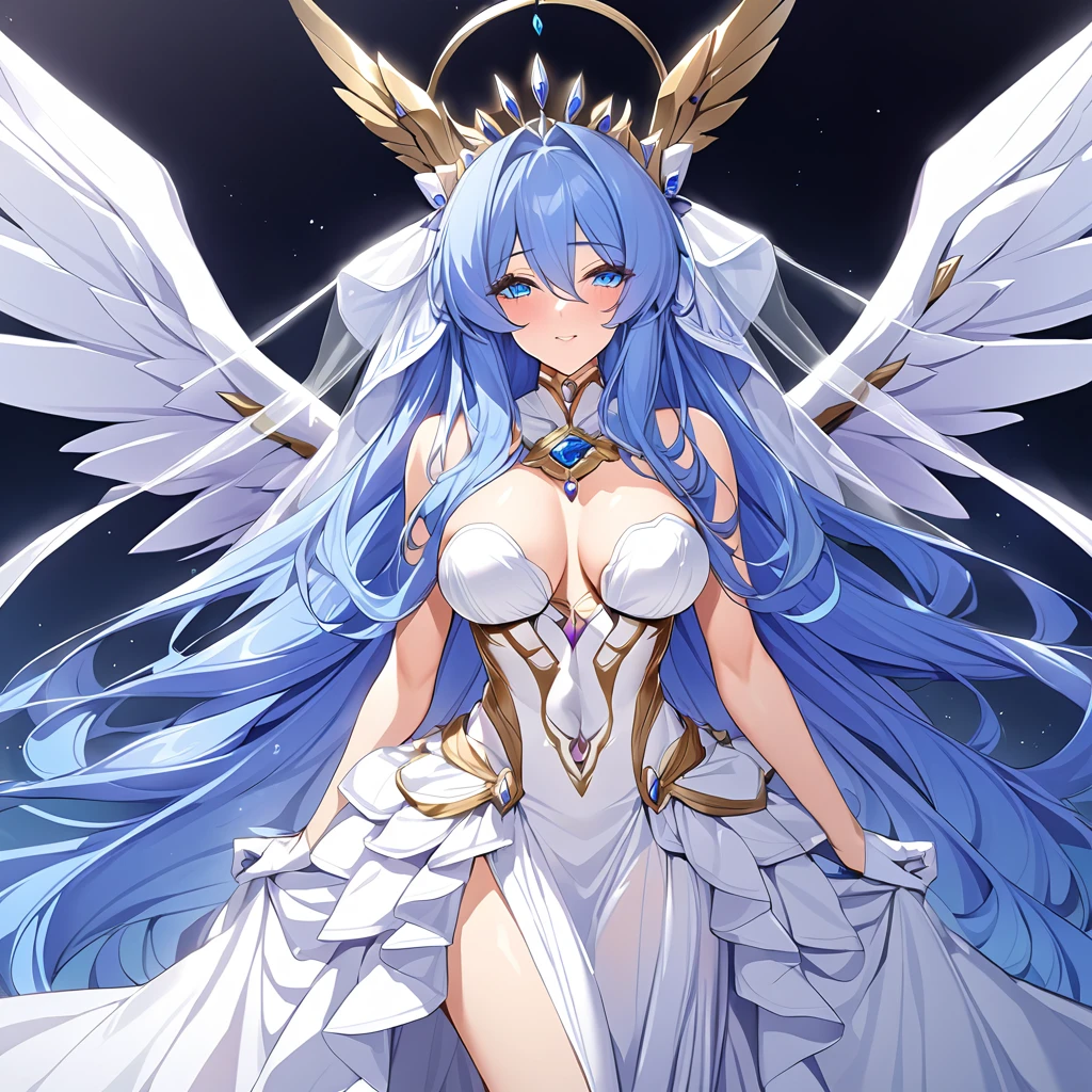 ((Highest quality)), ((masterpiece)), (detailed), (Perfect Face)、Women are messengers of God and great angels.6Archangel and goddess Extia with wings and a shining halo above her head.、The woman is the beautiful Queen of the Gods, Goddess Extia, with medium-long blue hair. She is wearing a gorgeous white wedding dress with gold embroidery and trim, a white wedding veil, an engagement ring, and gorgeous accessories. She is an elegant goddess and a beautiful queen of the gods.