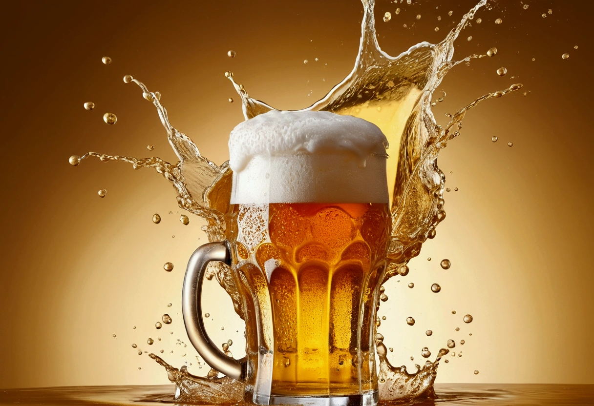 a picture of a beer, beer splashing in the elegant cream color background like in a commercial, everything in focus