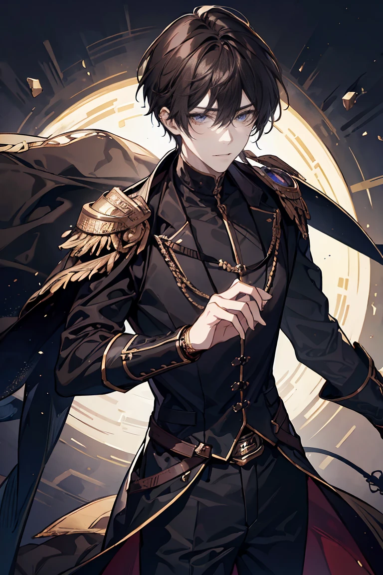 Brownhairhightlightblack, worrior 1 man, hansome, glasses, darknesswolrdblackground, galaxy, blacklongsword, browneye, fantasy, gold armors, 
