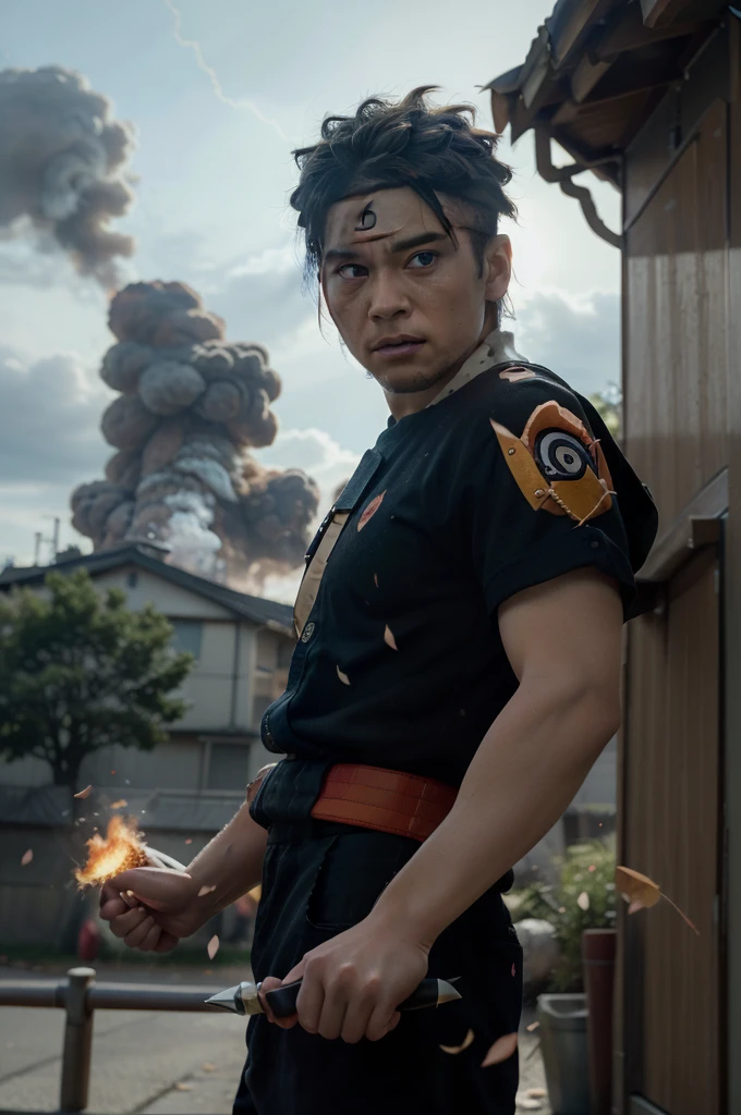 (best quality,4k,8k,highres,masterpiece:1.2),ultra-detailed,(realistic,photorealistic,photo-realistic:1.37),colorful,energetic,exciting,action-packed,heroic,Uzumaki Naruto,expressive and determined face,long spiky hair,fierce gaze,powerful aura,hand signs,flying kunai and shuriken,flashing lightning,surrounding smoke and debris,dynamic movements and fighting stances,dramatic lighting and shadows,dynamic perspective,bursting energy beams,clashing fire and water jutsus,flying leaves and sakura petals,ominous dark clouds and thunderbolts,hidden village emblem shining brightly on Naruto's forehead.