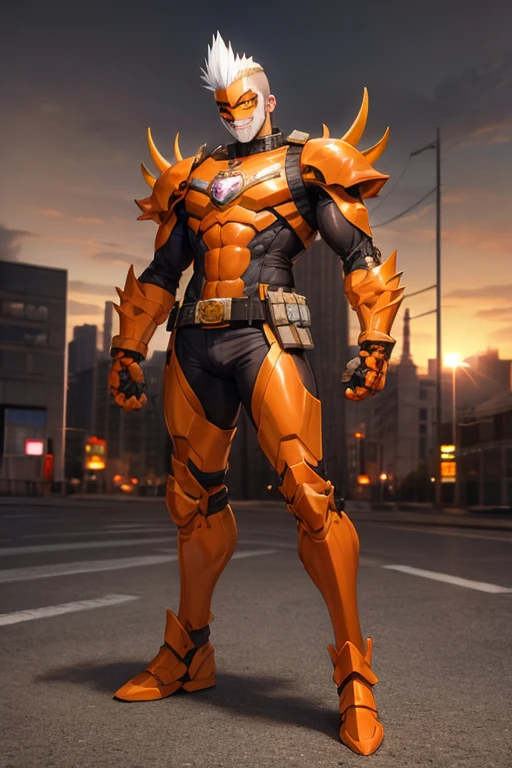 ((best quality)), ((masterpiece)), (detailed), 1 man, full body, 54 years old, senior citizen, masked, eye mask, orange mask that covers half of his face, spiked mask, evil smile, metal goblin ears, gremlin, yellow cat eyes, white hair sticking out of the top, mohawk, brown collar, tall, very thin, hunched over, long metal claws, spikes on his forearms, brown details, brown fingerless gloves, orange wristbands, orange nanotech suit, light armor, orange chest with an emblem, high shoulder pads, orange suit with brown stripes, brown tiger stripes, triangle emblem on his chest, orange emblem, orange pants, orange knee pads, metallic orange boots, metallic orange shoes, brown superhero belt, standing on a building, city background, anime