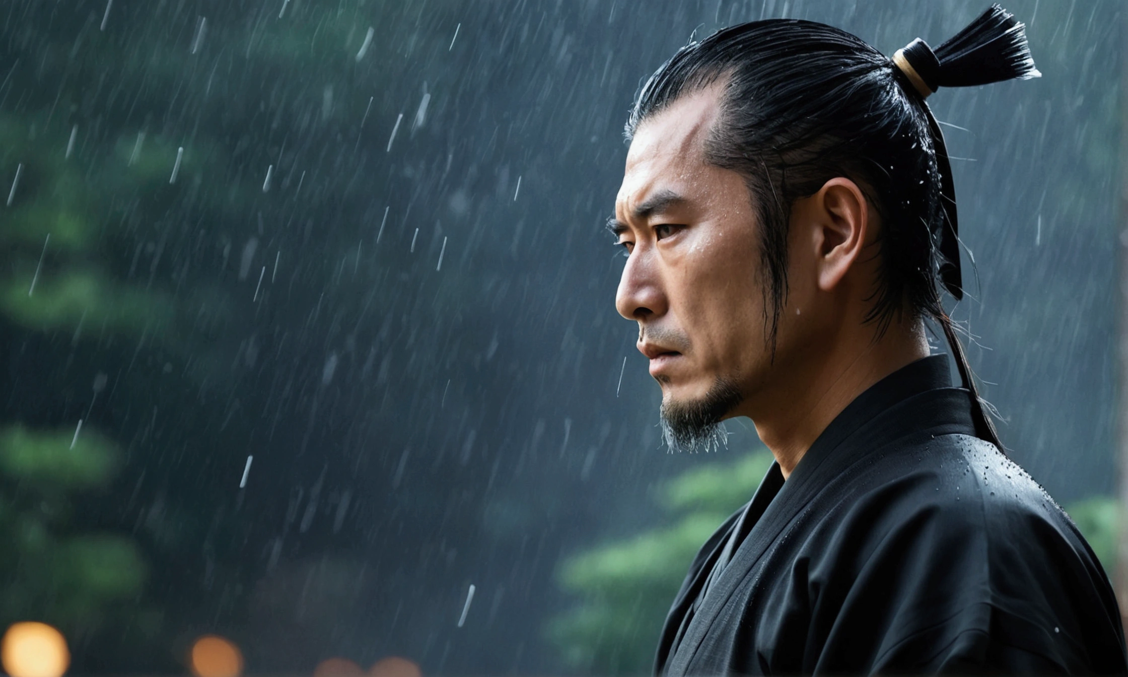 profile of a samurai, wearing a black hakama, Upper body is shown,it&#39;s raining,Blur the background, 8k, Japanese atmosphere, warrior, dark, cold,