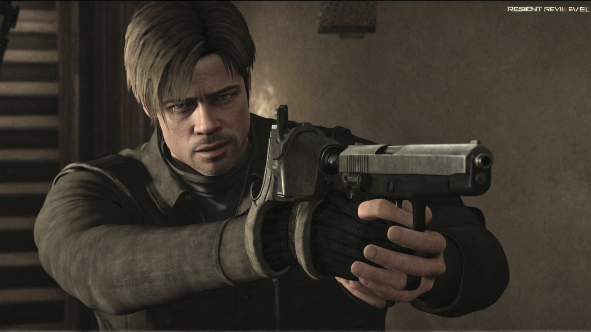 a close up of a person holding a gun in a room, brad pitt is leon s. kennedy, resident evil 4, background of resident evil game, resident evil, hd remaster, dramatic wielding gun pose, resident evil 1, video game screenshot, cutscene footage, chris redfield, holding shotgun, video game cutscene, 2020 video game screenshot