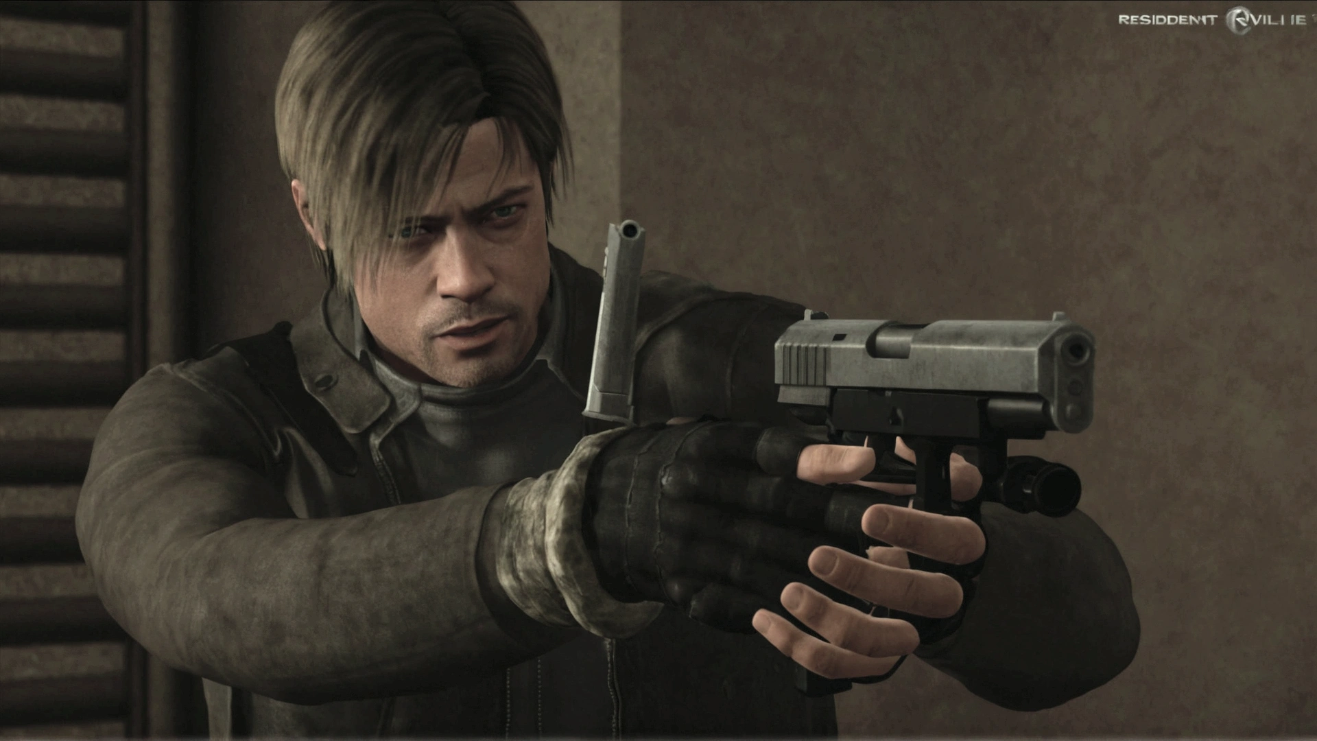 a close up of a person holding a gun in a room, brad pitt is leon s. kennedy, resident evil 4, background of resident evil game, resident evil, hd remaster, dramatic wielding gun pose, resident evil 1, video game screenshot, cutscene footage, chris redfield, holding shotgun, video game cutscene, 2020 video game screenshot