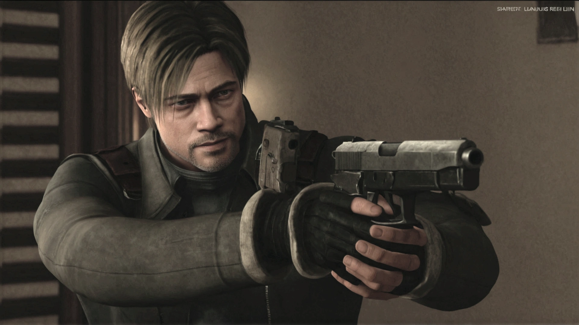 a close up of a person holding a gun in a room, brad pitt is leon s. kennedy, resident evil 4, background of resident evil game, resident evil, hd remaster, dramatic wielding gun pose, resident evil 1, video game screenshot, cutscene footage, chris redfield, holding shotgun, video game cutscene, 2020 video game screenshot