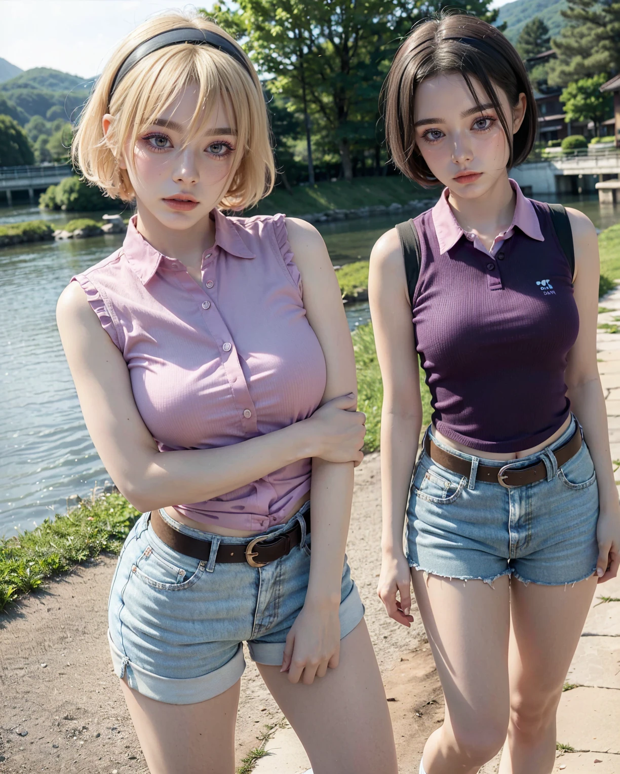 1 woman, grown woman, woman in her 30s, tarankaaa, NOT DASHA TARAN, full body standing, perfect body, best quality, 32k, photograph, full body (head to toe), tone mapping, ((houjou satoko,short hair,black hairband,blonde hair,violet eyes,hair between eyes,collared shirt,sleeveless shirt,pink shirt,shirt tucked in,mid sized breasts,belt,short shorts,blue shorts,white socks,pink footwear, athletic, big woman)), asian-european, ((golden blonde hair, short hair, purple eyes)) perfectly drawn hands, ((masterpiece)), ((highres)), ((detailed background)), japanese village background, next to a river, (big proportions), cute pose, smiling, ((perfect eyes, detailed eyes, realistic eyes)), ((sharp face, detailed face, realistic face, natural skin, realistic skin, detailed skin, pores)),