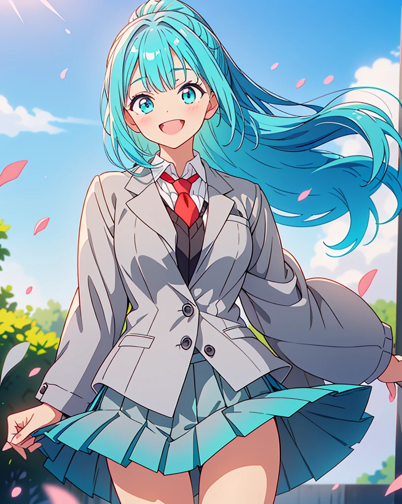 (Highest quality, 32K, High resolution, Masterpiece:1.5, ), One Girl, Cute anime-style illustrations, god々It has a brilliant and healing power., , Expressing emotions, Have a rich imagination, Cute Japanese Girls, Perfect Human Anatomy, Big light blue eyes, Motherhood and generosity, Deep Love, ((A kind smile:1.6)), ((Shiny turquoise hair:1.2)), Ponytail swaying in the wind, Asymmetrical bangs, Hair between the eyes, Transparent, soft white skin, Sharp eyebrows, Thin lashes, Natural Makeup, Cheek highlighter, Detailed and cute lips, (Grey blazer:1.2), (Red tie:1.2), ((Grey pleated skirt:1.2)), Slim figure with ample breasts, Beautifully detailed skies, ((Vibrant petal effect:1.2)), god秘的