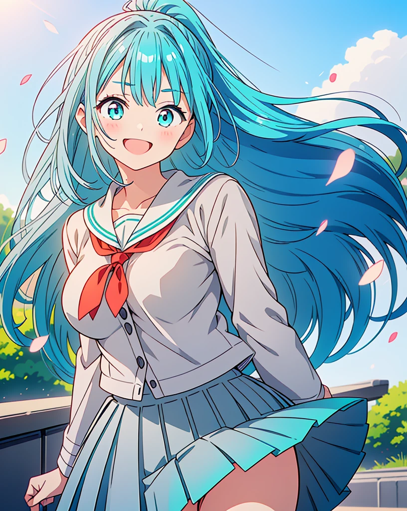 (Highest quality, 32K, High resolution, Masterpiece:1.5, ), One Girl, Cute anime-style illustrations, god々It has a brilliant and healing power., , Expressing emotions, Have a rich imagination, Cute Japanese Girls, Perfect Human Anatomy, Big light blue eyes, Motherhood and generosity, Deep Love, ((A kind smile:1.6)), ((Shiny turquoise hair:1.2)), Ponytail swaying in the wind, Asymmetrical bangs, Hair between the eyes, Transparent, soft white skin, Sharp eyebrows, Thin lashes, Natural Makeup, Cheek highlighter, Detailed and cute lips, (Grey blazer:1.2), (Red tie:1.2), ((Grey pleated skirt:1.2)), Slim figure with ample breasts, Beautifully detailed skies, ((Vibrant petal effect:1.2)), god秘的