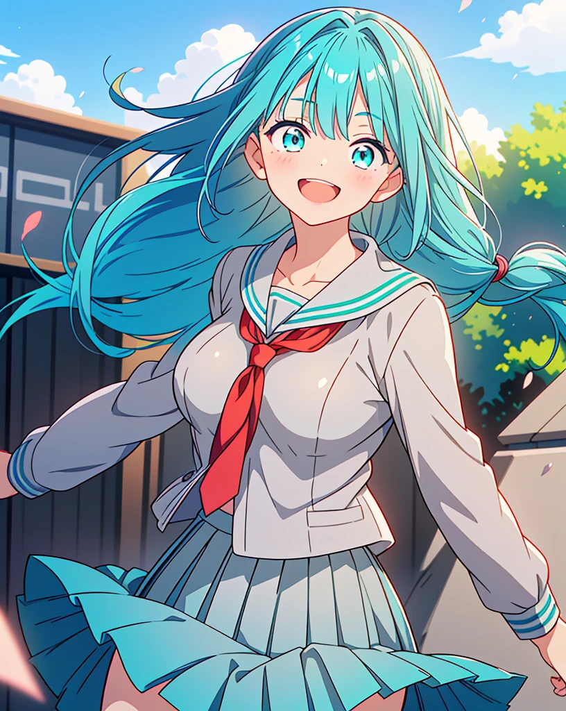 (Highest quality, 32K, High resolution, Masterpiece:1.5, ), One Girl, Cute anime-style illustrations, god々It has a brilliant and healing power., , Expressing emotions, Have a rich imagination, Cute Japanese Girls, Perfect Human Anatomy, Big light blue eyes, Motherhood and generosity, Deep Love, ((A kind smile:1.6)), ((Shiny turquoise hair:1.2)), Ponytail swaying in the wind, Asymmetrical bangs, Hair between the eyes, Transparent, soft white skin, Sharp eyebrows, Thin lashes, Natural Makeup, Cheek highlighter, Detailed and cute lips, (Grey blazer:1.2), (Red tie:1.2), ((Grey pleated skirt:1.2)), Slim figure with ample breasts, Beautifully detailed skies, ((Vibrant petal effect:1.2)), god秘的