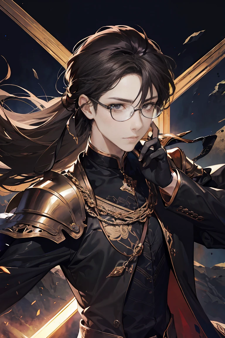 Brownhairhightlightblack, worrior 1 man, hansome, glasses, darknesswolrdblackground, galaxy, blacklongsword, browneye, fantasy, gold armors,