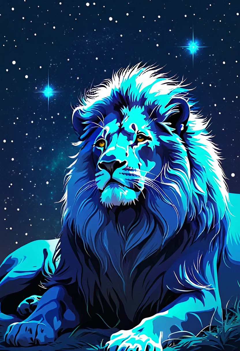 a lion silhouette composed by bright stars. Cosmic background