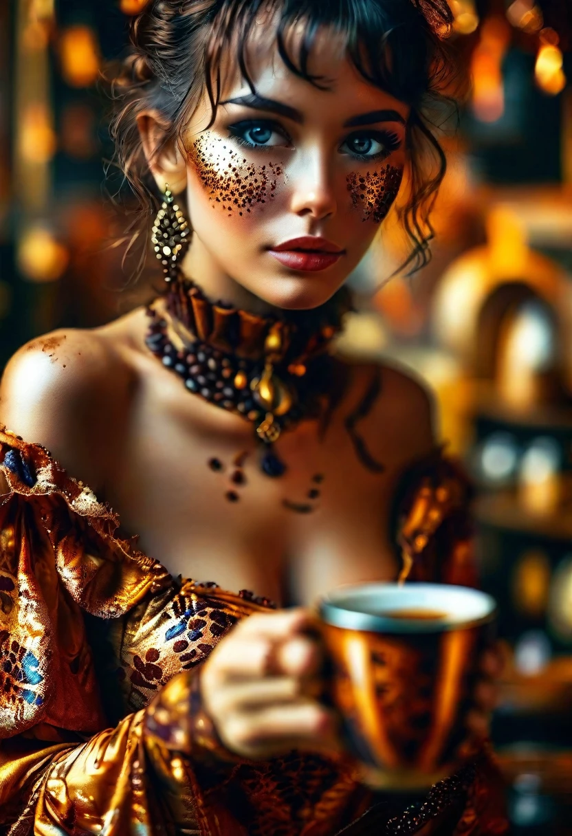 A captivating   photo featuring a woman    as a sultry coffee genie.     she dons a stunning, revealing outfit adorned with coffee bean patterns. Her skin glows with a golden coffee hue, and her eyes shimmer with a caffeinated energy. She holds a steaming cup of coffee in her hand, exuding an irresistible charm that blends the mundane with th