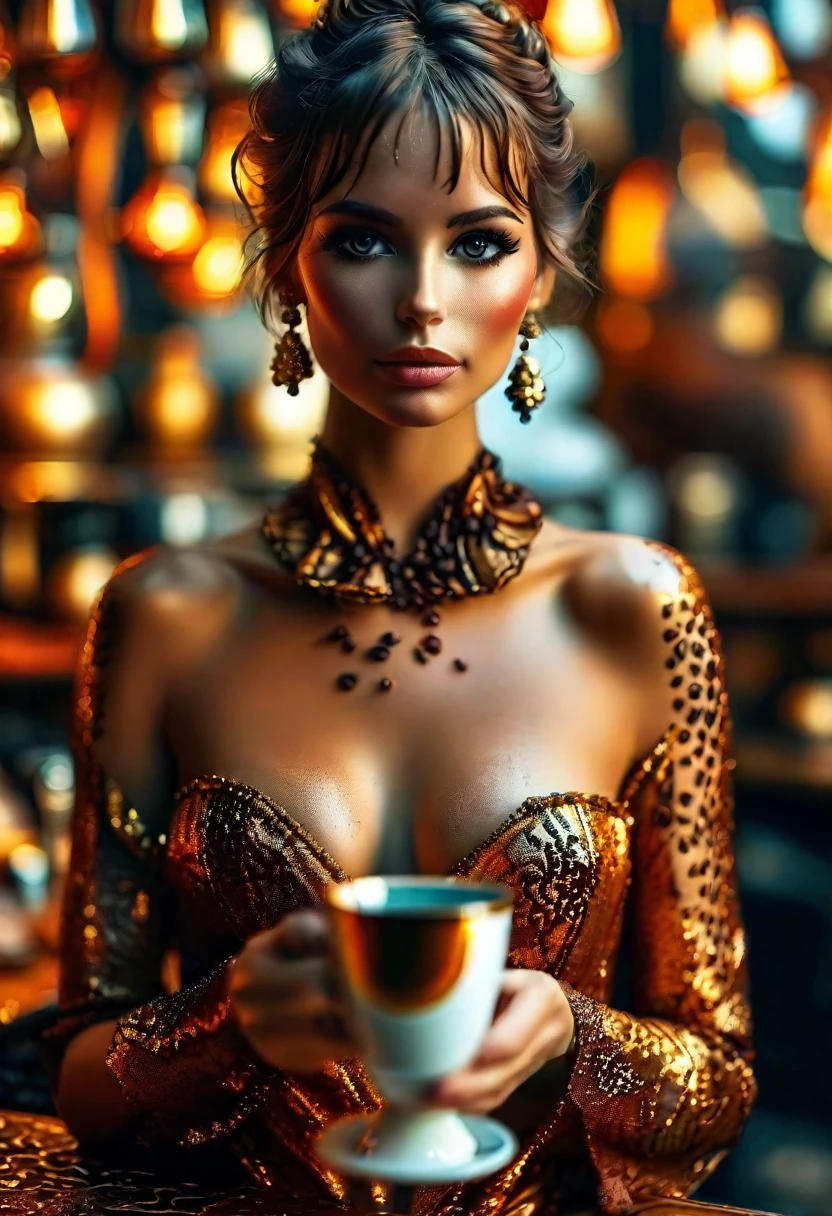 A captivating   photo featuring a woman    as a sultry coffee genie.     she dons a stunning, revealing outfit adorned with coffee bean patterns. Her skin glows with a golden coffee hue, and her eyes shimmer with a caffeinated energy. She holds a steaming cup of coffee in her hand, exuding an irresistible charm that blends the mundane with th