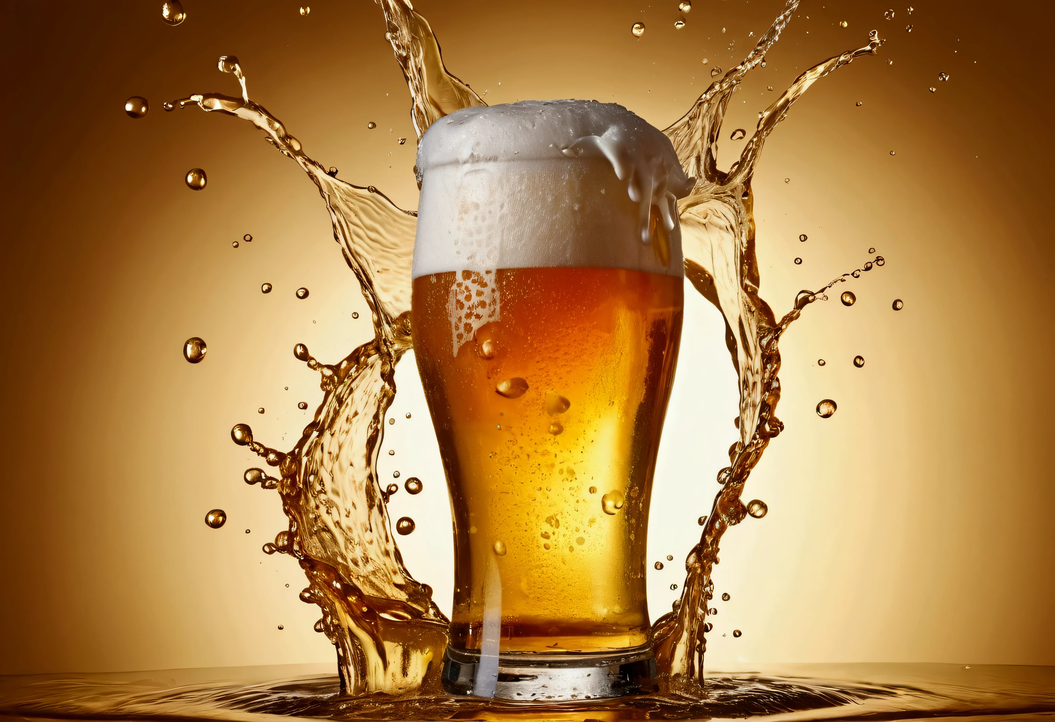 a picture of a beer, beer splashing in the elegant cream color background like in a commercial, everything in focus