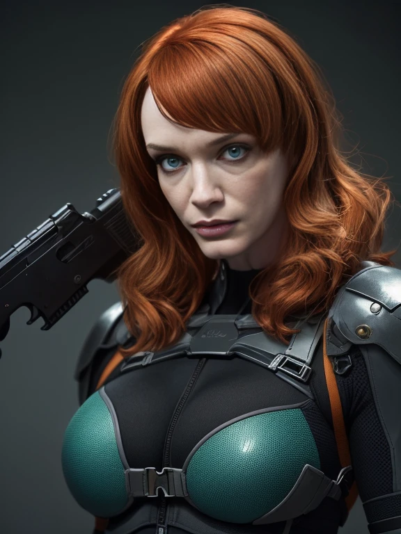 Imagine Christina Hendricks as a Metal Gear Solid character,powerful female character, short wavy orange hair and bright blue eyes, 48 years old, striking and mature facial features,agile and athletic build, (Wearing: Fingerless Gloves, skin-tight suit, black and green stealth suit, cleavage_cutout, utility belt, metallic armlets, armored boots, gun holsters), The suit is so tight that Christina Hendricks breasts barely fit in it, The suit should appear sleek and functional, emphasizing her stealth and combat prowess. Stealthy and formidable presence of the character,hyper-realistic rendering to capture every minute detail,showcasing the mastery of digital portrait artistry,ultimate photorealistic quality,highly detailed facial expression showcasing the determination and strategy of the character,subtle hints of high-tech and militaristic elements reflecting the true essence of the Metal Gear Solid universe,vibrant colors with deep gray’s and contrasting cool tones,creating a visually striking and captivating portrait.