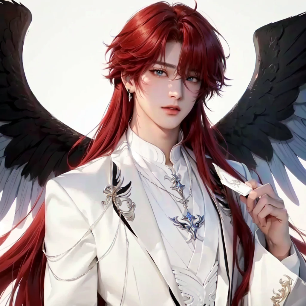 anime - style image of a man with red hair and wings, beautiful male god of death, young wan angel, delicate androgynous prince, beautiful androgynous prince, full - body majestic angel, handsome guy in demon slayer art, exquisite and handsome wings, male anime character, handsome japanese demon boy, tall anime guy with blue eyes, angelic, shinigami, jungkook, jeon jung kook, jk, jungkook jeon, jeon jk, jk jeon, jeon jungkook