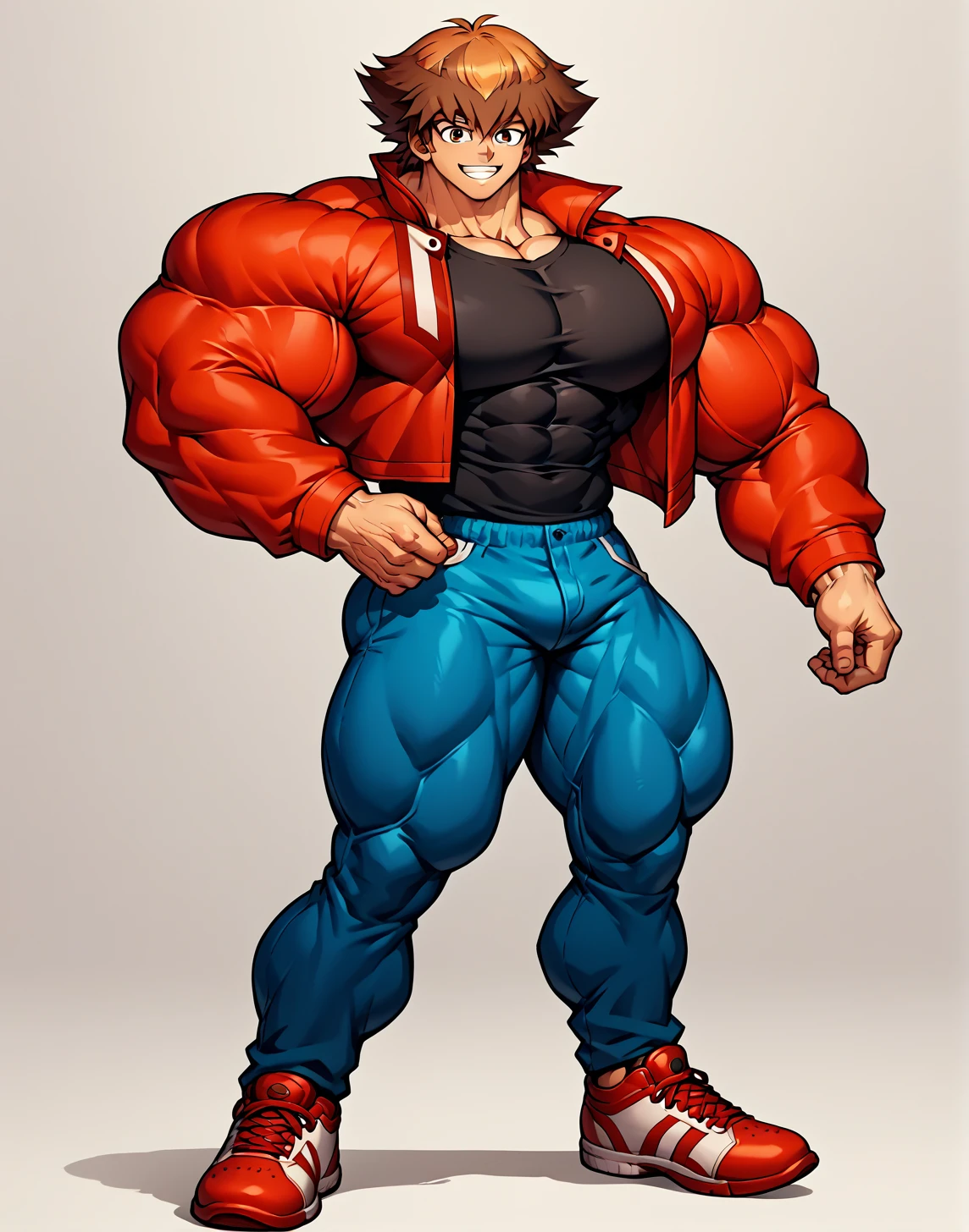 alone, full body,smiling , muscular, hyper muscle, huge muscle, big muscles, pectoral muscle , 1 chico  , bigs pecs , muscular thighs, muscular glutes  , YOUNG , anime , Yu-Gi-Oh! , jaden yuki  , black shirt, red jacket, blue pants, red shoes, brown hair