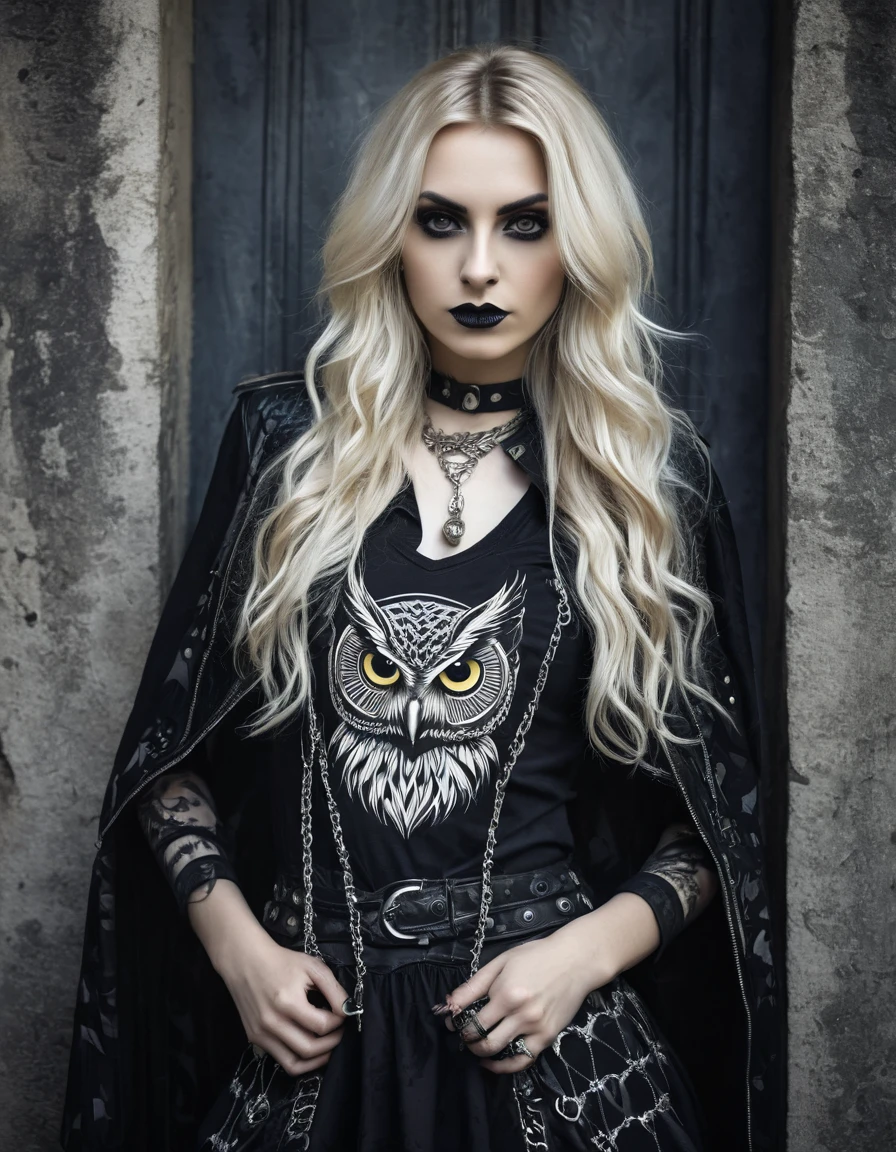 Long hair blonde woman wearing gothic clothing, rocker or metal girl with prints inspired by the owl