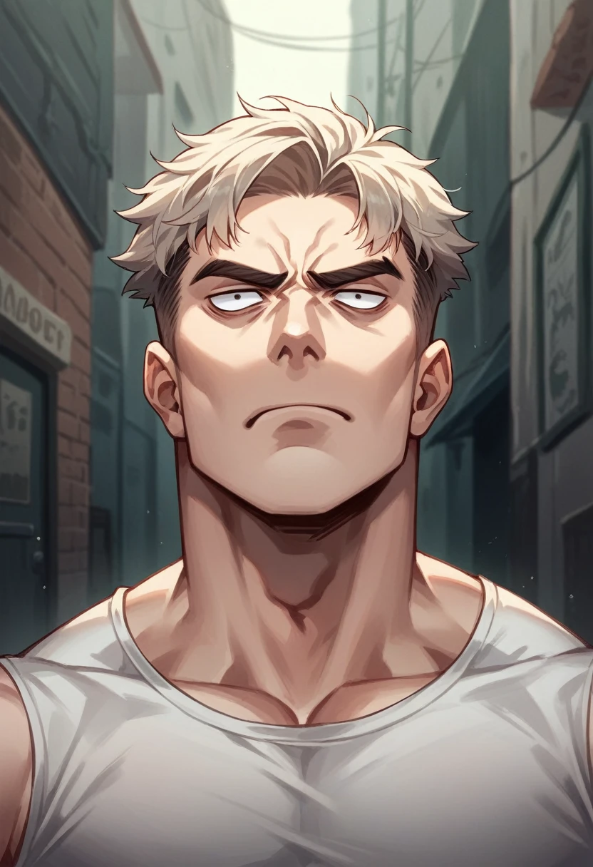 man 2.10 meters, robust, muscular, serious countenance, Lost look, in a lonely alley, Whole body, clenched jaw, Light hair, frown, big jaw, Hollow eyes