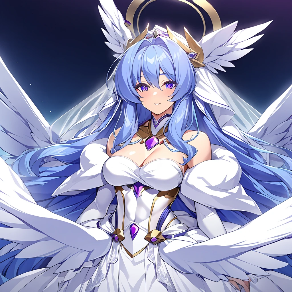 ((Highest quality)), ((masterpiece)), (detailed), (Perfect Face)、The woman is having her wedding in heaven with Zeus, the great, strong, bearded old man.、Women are messengers of God and great angels.6Archangel and goddess Extia with wings and a shining halo above her head.、The woman is the beautiful Queen of the Gods, Goddess Extia, with medium-long blue hair. She is wearing a gorgeous white wedding dress with gold embroidery and trim, a white wedding veil, an engagement ring, and gorgeous accessories. She is an elegant goddess and a beautiful queen of the gods.