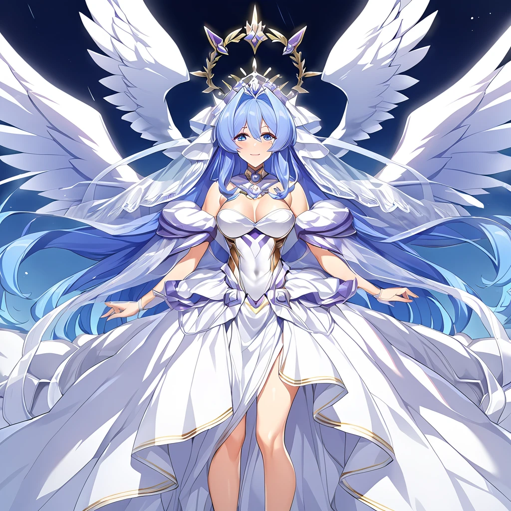 ((Highest quality)), ((masterpiece)), (detailed), （Perfect Face）、The woman is having her wedding in heaven with Zeus, the great, strong, bearded old man.、Women are messengers of God and great angels.６Archangel and goddess Extia with wings and a shining halo above her head.、The woman is the beautiful Queen of the Gods, Goddess Extia, with medium-long blue hair. She is wearing a gorgeous white wedding dress with gold embroidery and trim, a white wedding veil, an engagement ring, and gorgeous accessories. She is an elegant goddess and a beautiful queen of the gods.