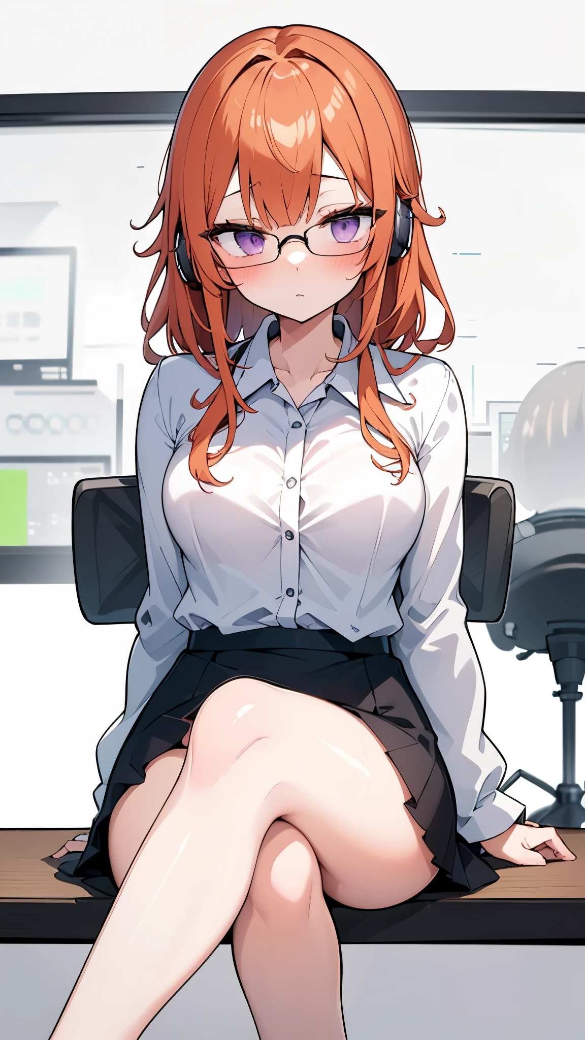 A woman is sitting in a chair with a laptop, 厳格な黒のWearing a business suit, sitting on the desk, In a strict suit, on the desk, Dressed in a strict suit, Japanese Goddess, Knee socks and skirt, She sat at the desk, Sitting at the table, Sitting at a desk, Wearing a business suit, Elegant legs, Seductively facing forward, Crossing your legs, Sakura Futaba, Orange Hair, Blunt bangs, Purple eyes, Purple eyes, Glasses, White button-up shirt, Headphones, thick, Green jacket, Thin thighs