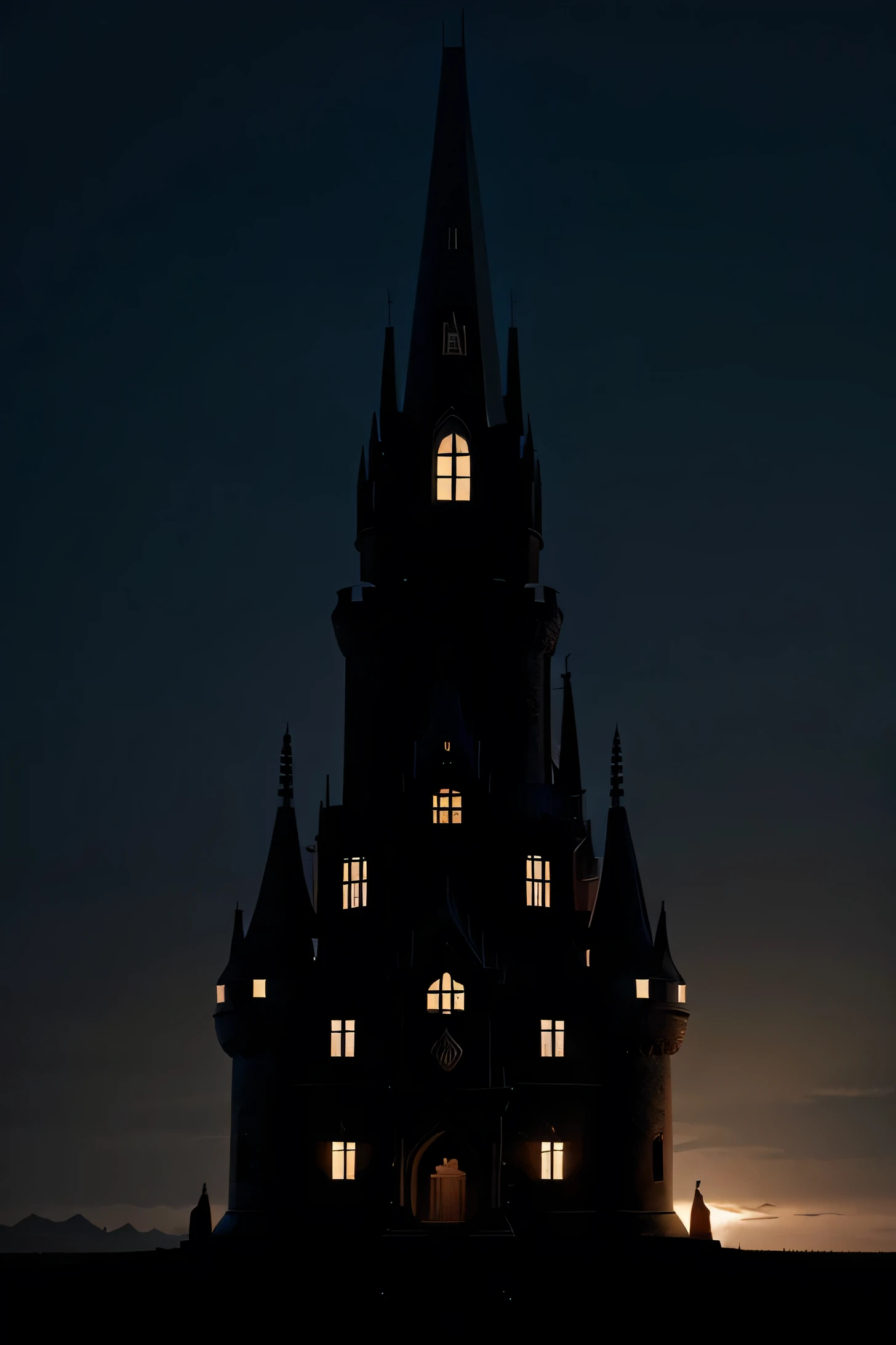 a weird castle with dark background, on another planet, with weird trees