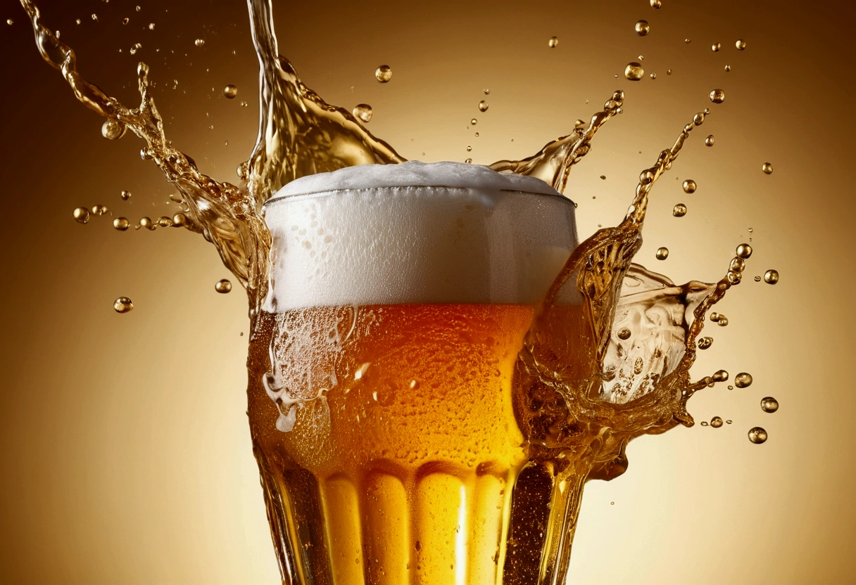 a picture of a beer, beer splashing in the elegant cream color background like in a commercial, everything in focus
