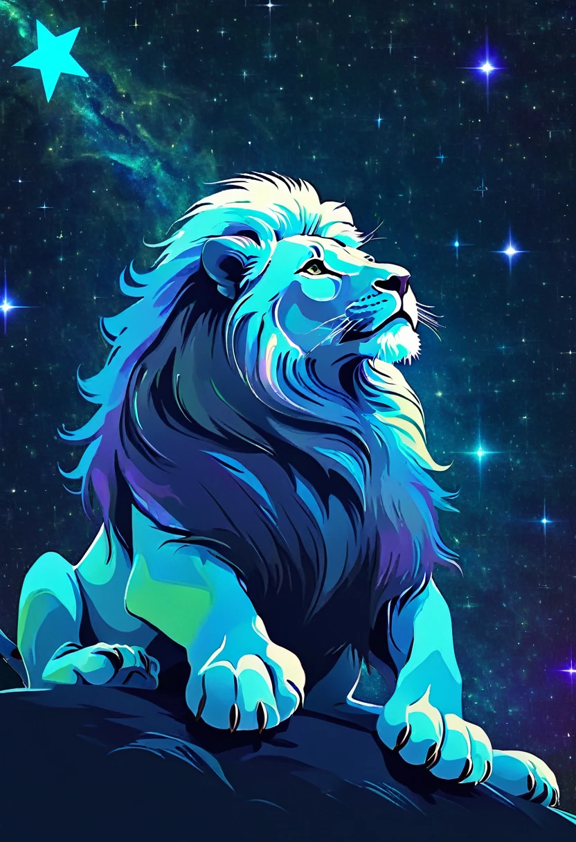a lion silhouette composed by bright stars. Cosmic background