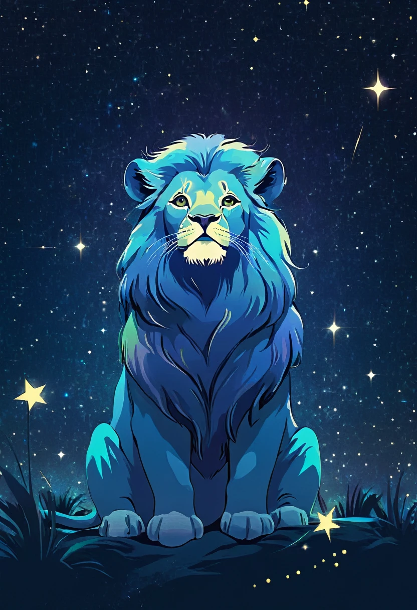 a lion silhouette composed by bright stars. Cosmic background