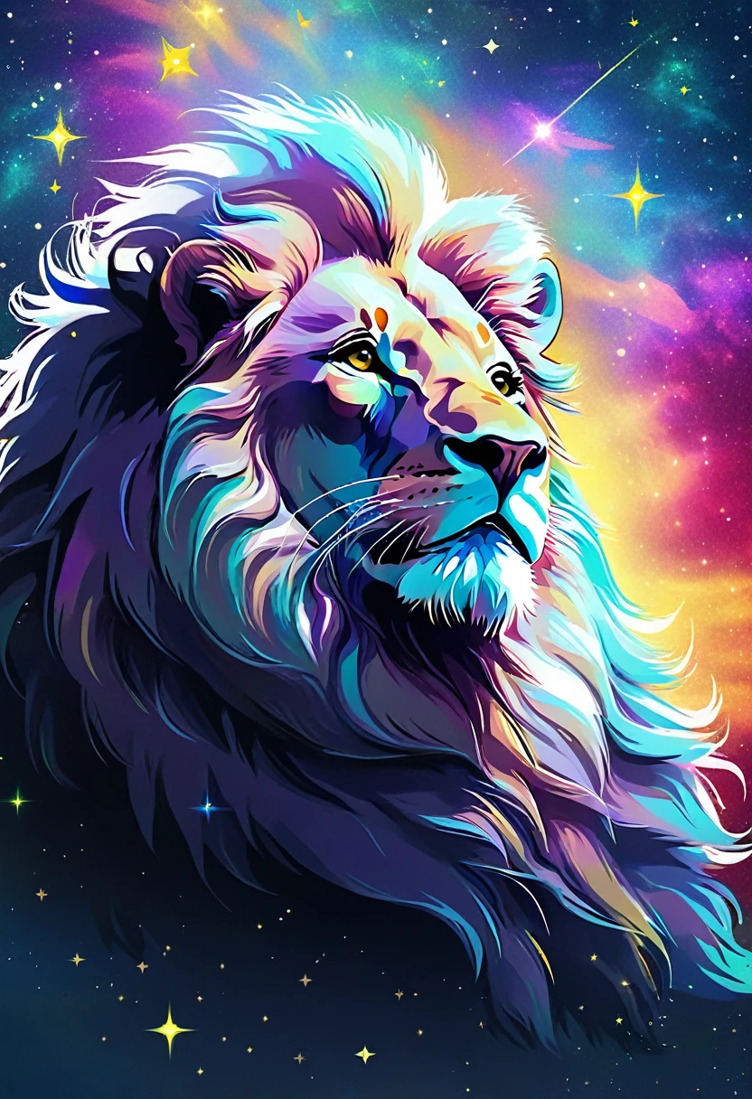 a lion silhouette composed by bright stars. Cosmic background