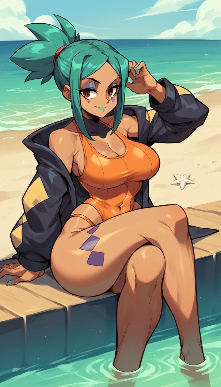 score_9, score_8_up, score_7_up, beautyful woman, cerebella from skullgirls, orange swimsuit, in beach, sit in water, no hat, brown skin, ponytail hair, smile, crossed legs. black jacket, encorped, mature woman