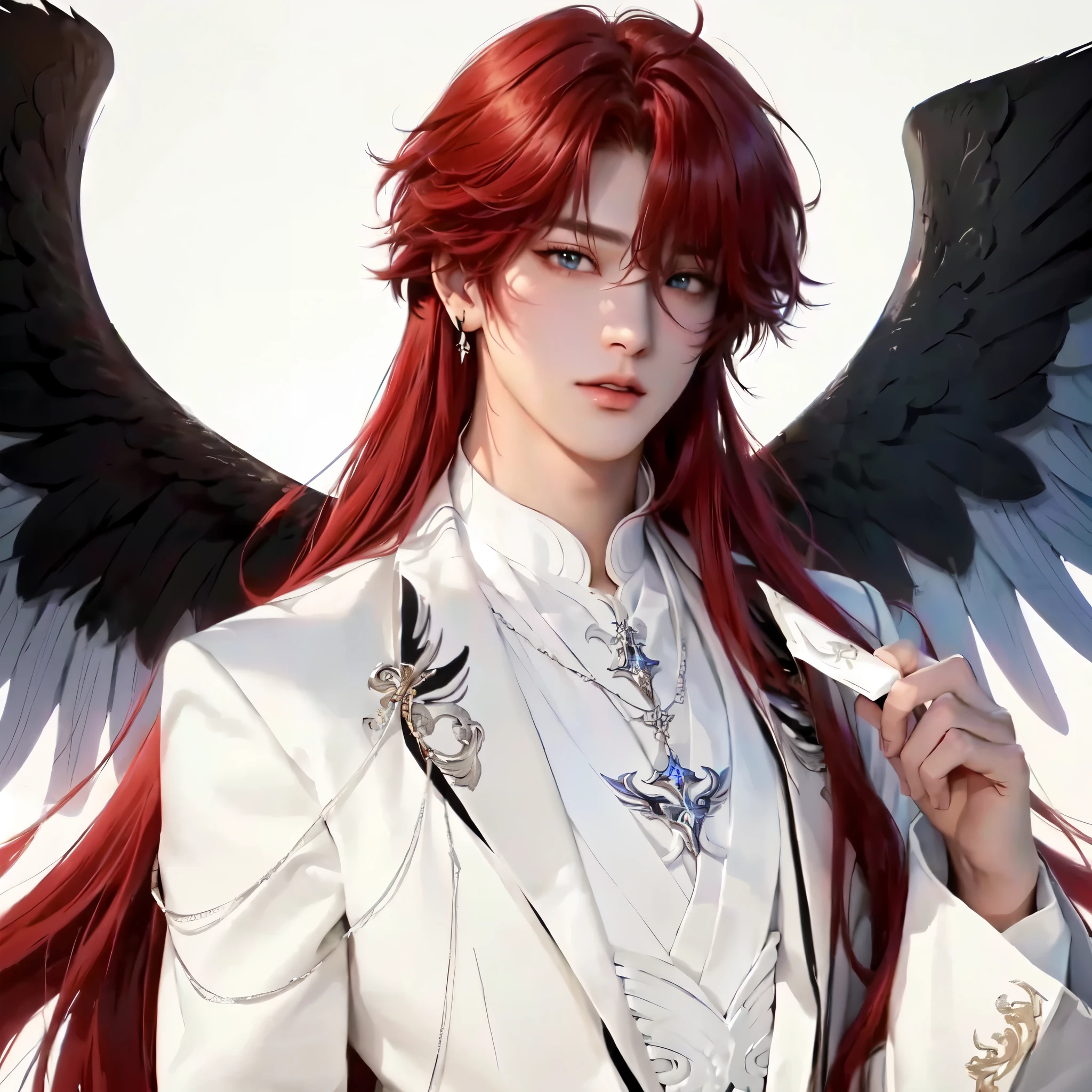 anime - style image of a man with red hair and wings, beautiful male god of death, young wan angel, delicate androgynous prince, beautiful androgynous prince, full - body majestic angel, handsome guy in demon slayer art, exquisite and handsome wings, male anime character, handsome japanese demon boy, tall anime guy with blue eyes, angelic, shinigami, jungkook, jeon jung kook, jk, jungkook jeon, jeon jk, jk jeon, jeon jungkook