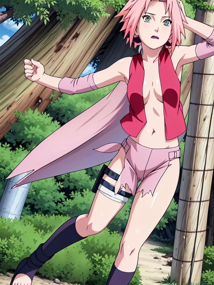 Sakura Haruno nude,wide hips,abdomen,sexy ,Show your armpits,jump,On the tree,NSTDA.(( naked,Torn shirt,full body,sleep, In the forest,open shirt,nipple)), blushing, sexually aroused