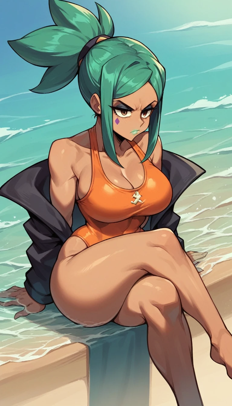 score_9, score_8_up, score_7_up, beautyful woman, cerebella from skullgirls, orange swimsuit, in beach, sit in water, no hat, brown skin, ponytail hair, serious, crossed legs. black jacket, encorped, mature woman, milf face