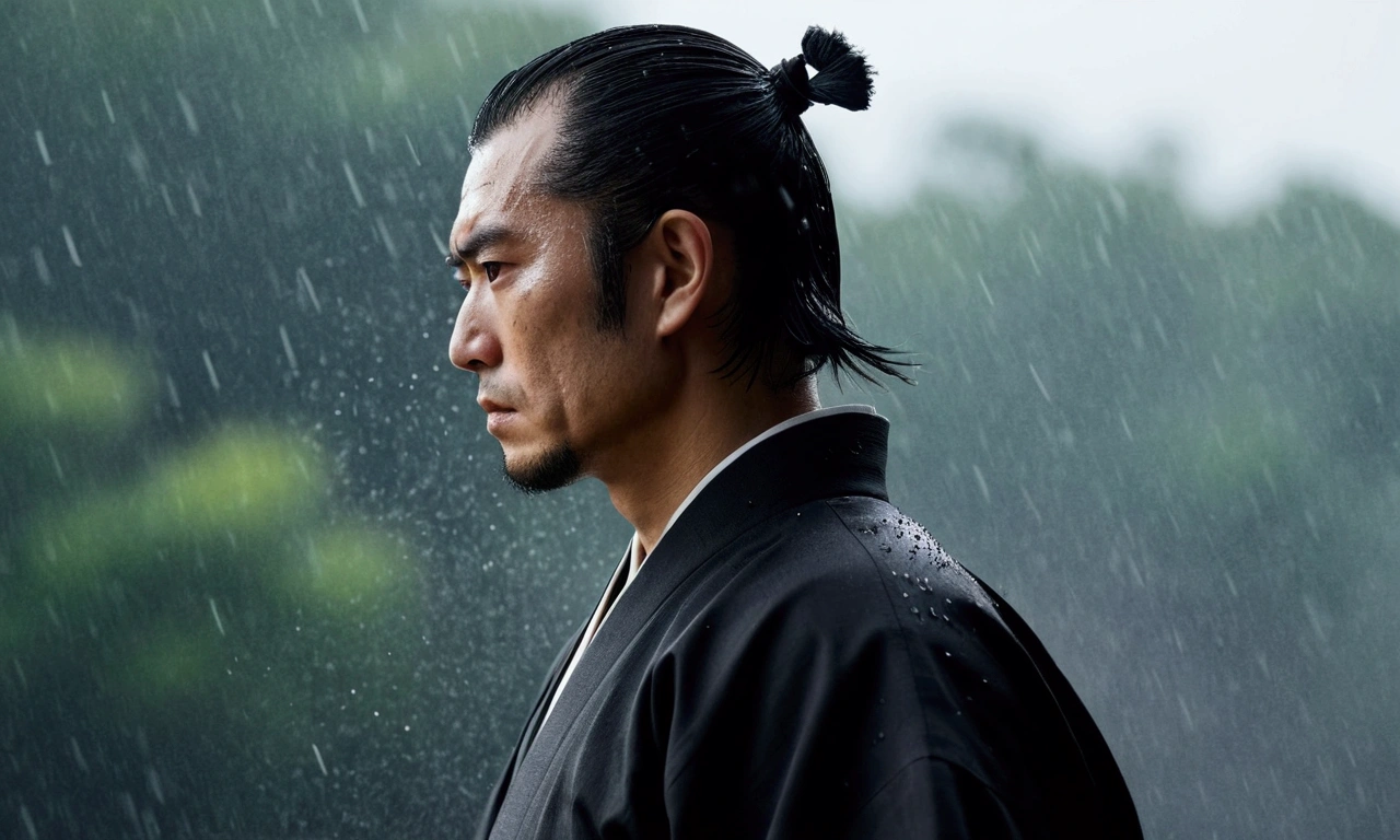 profile of a samurai, wearing a black hakama, Upper body is shown,A white haze floats,it&#39;s raining,Blur the background, 8k, Japanese atmosphere, warrior, dark, cold,